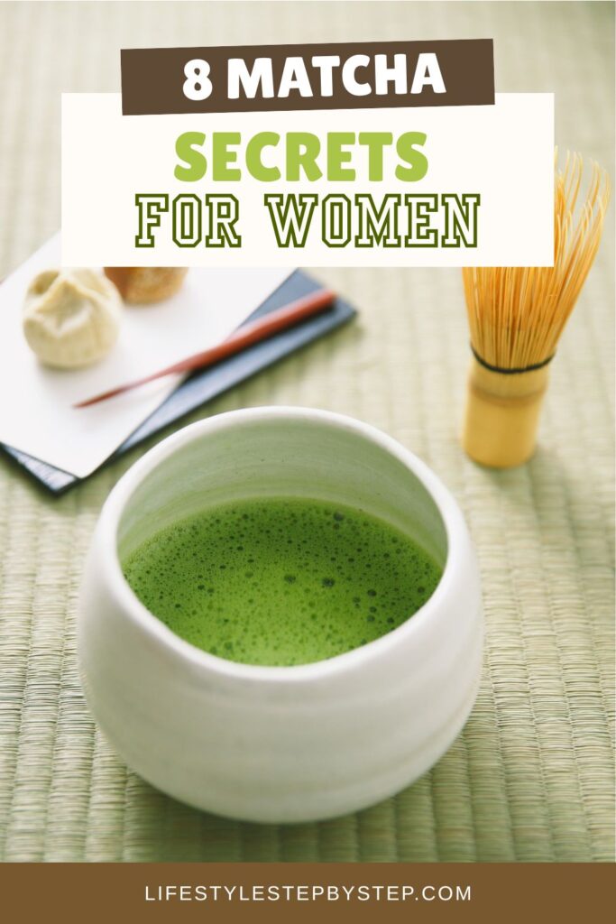 Matcha tea in a white ceramic bowl with a bamboo whisk and scoop on a tatami mat