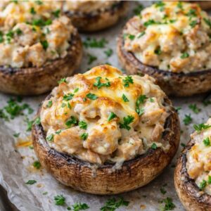 Baked mushroom caps stuffed with a creamy filling, topped with melted cheese and fresh parsley on parchment paper