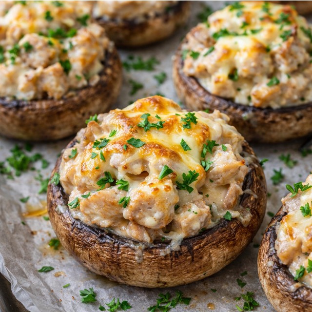 Baked chicken and cream stuffed mushrooms topped with melted cheese and parsley