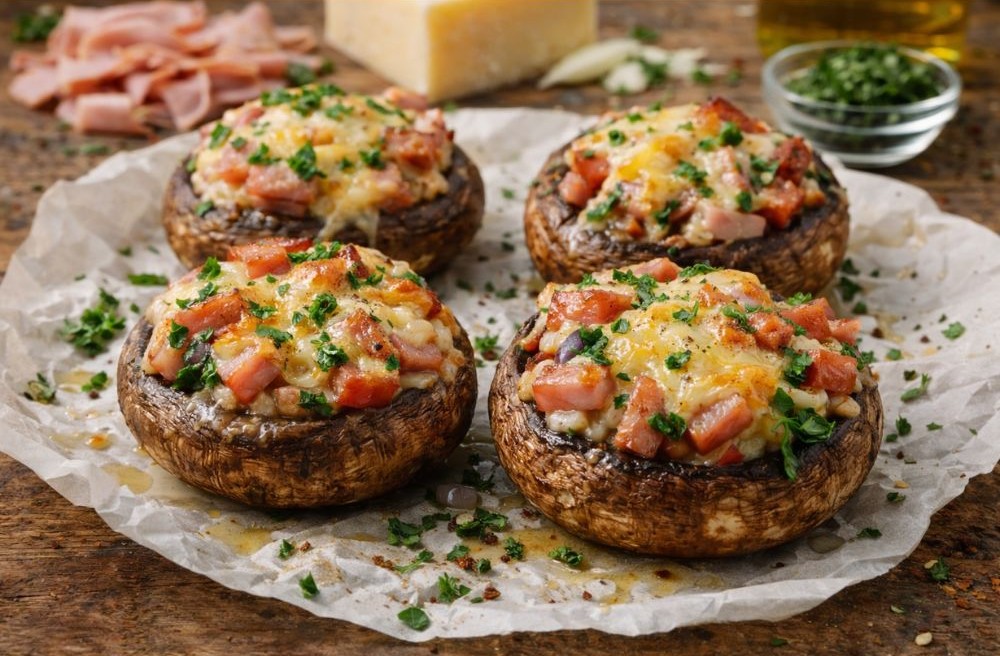 Baked stuffed mushrooms topped with melted cheese and fresh herbs