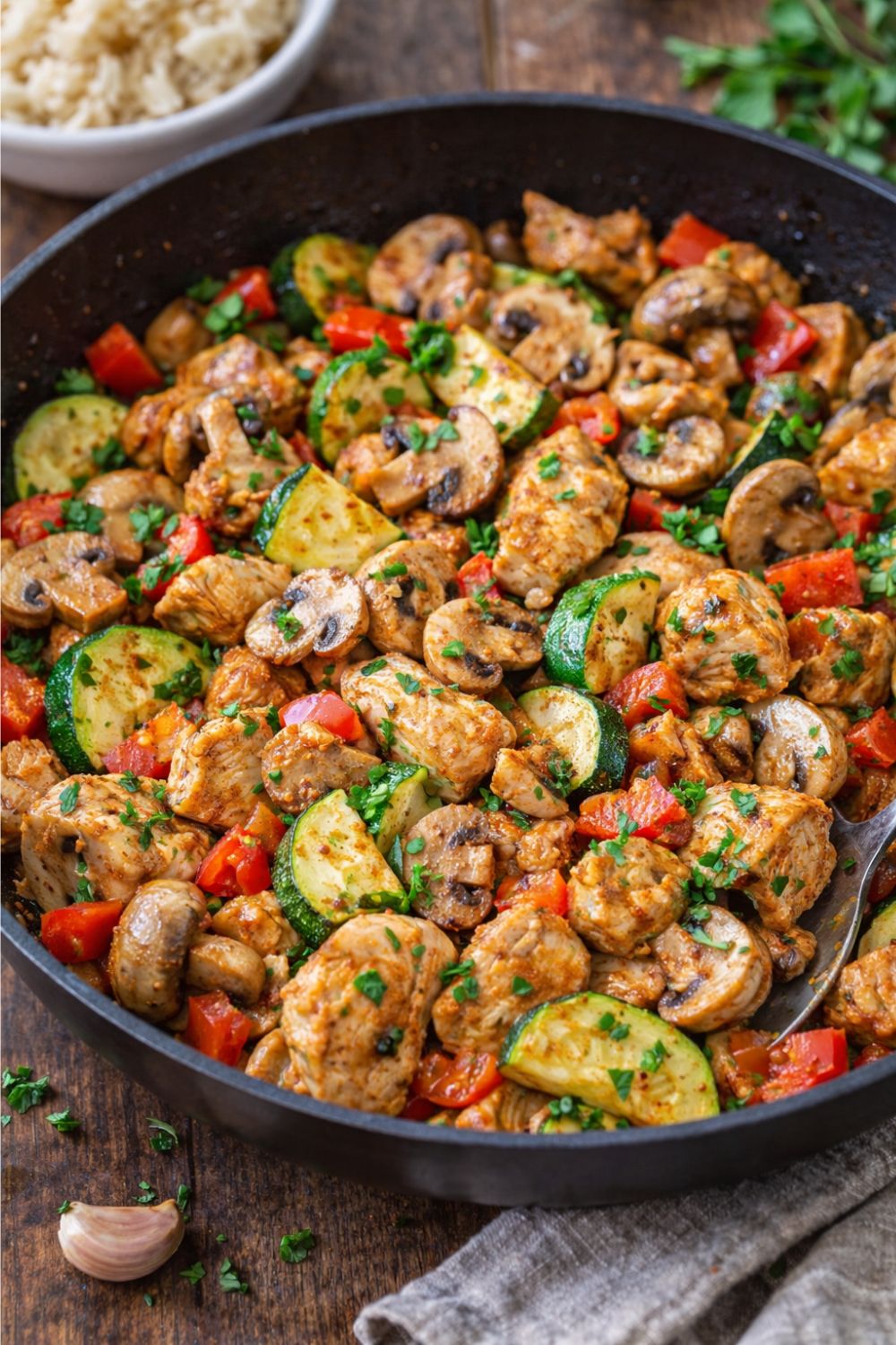 A skillet of diced chicken, mushrooms, zucchini, and red bell pepper garnished with parsley, served with rice