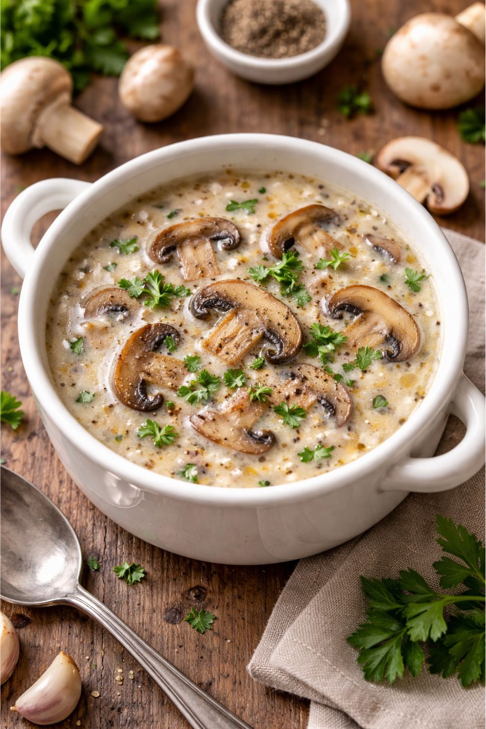 A bowl of creamy mushroom soup topped with sliced mushrooms and fresh parsley, surrounded by whole mushrooms and garlic