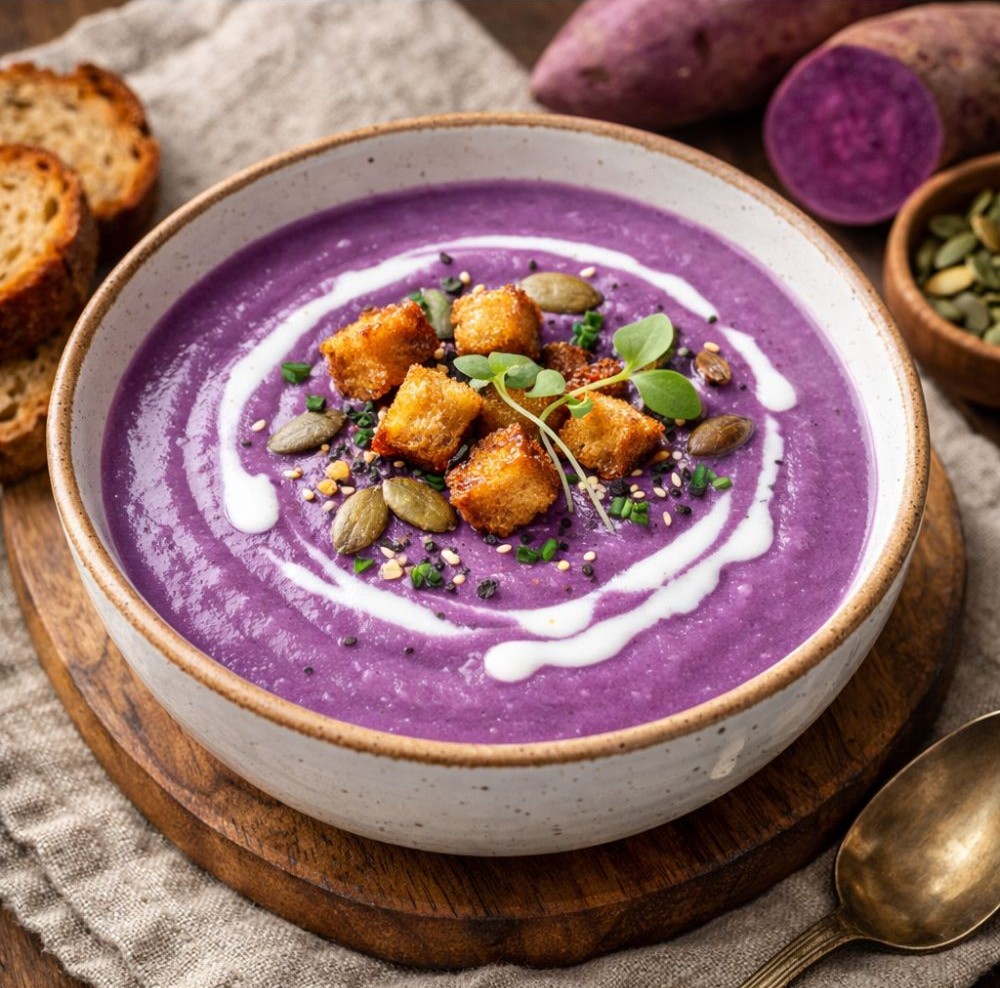 Creamy purple sweet potato soup topped with croutons, seeds, and fresh herbs
