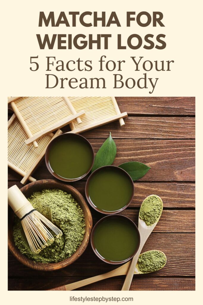 Matcha powder, whisk, and bowls of prepared matcha tea on a wooden table