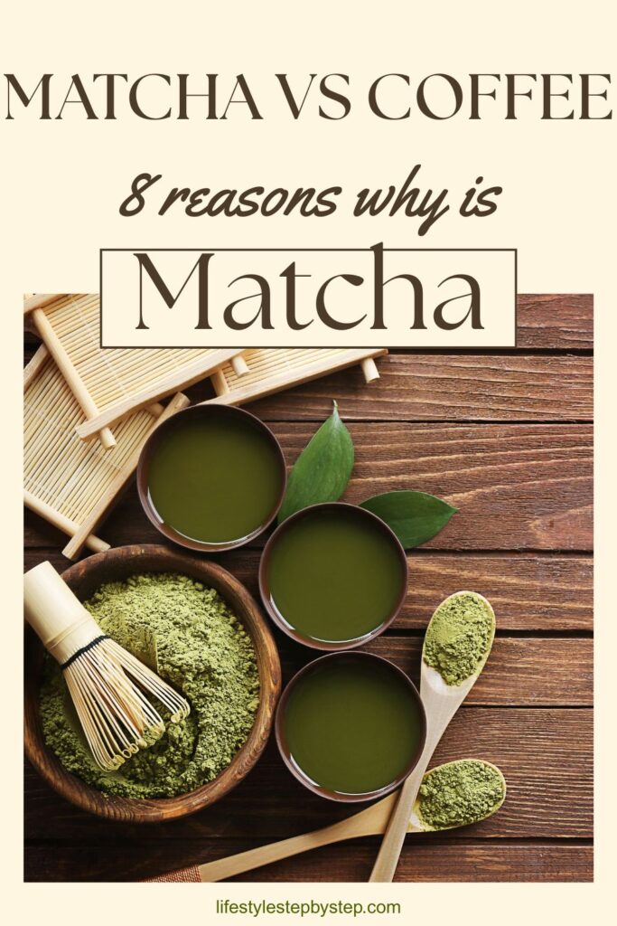 Bowls of freshly whisked matcha tea next to a bamboo whisk and matcha powder on wooden spoons
