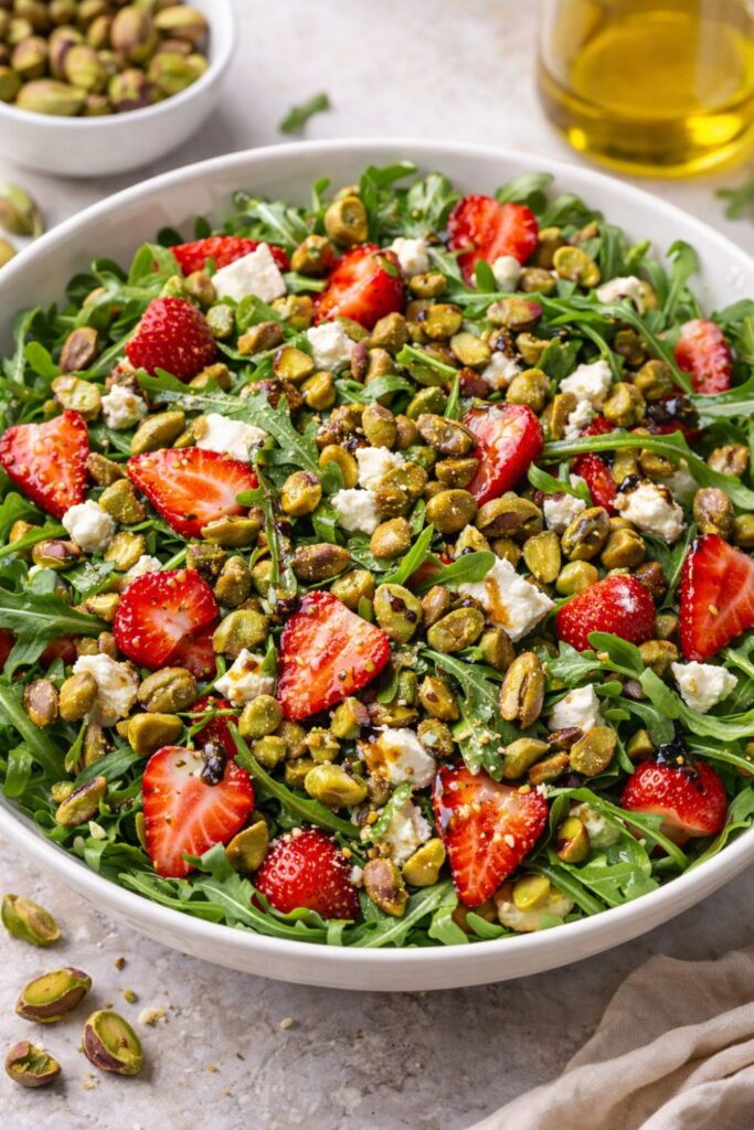 Arugula salad with pistachios, sliced strawberries, and feta cheese in a white bowl