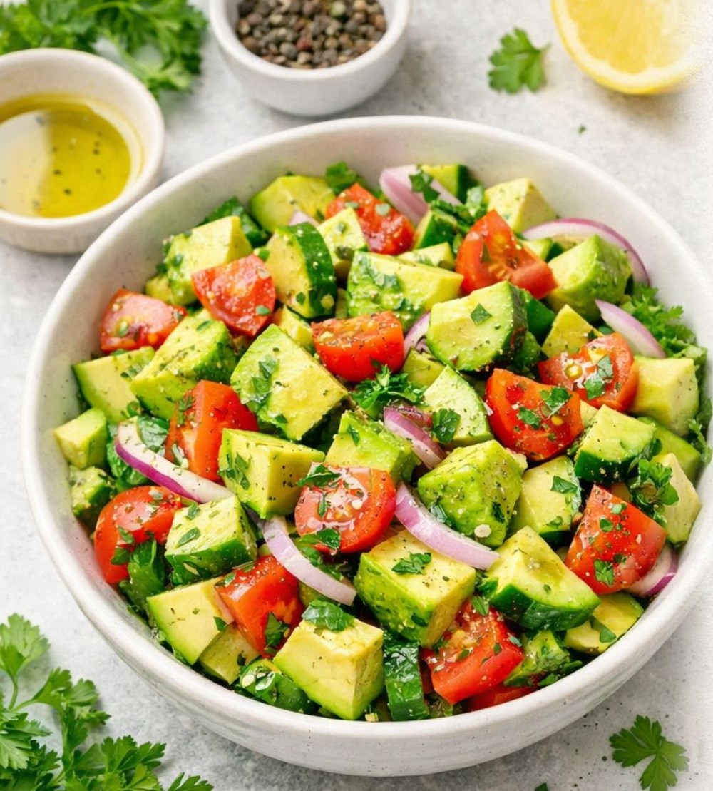A bowl of avocado, cucumber, and cherry tomato salad with red onion and fresh herbs