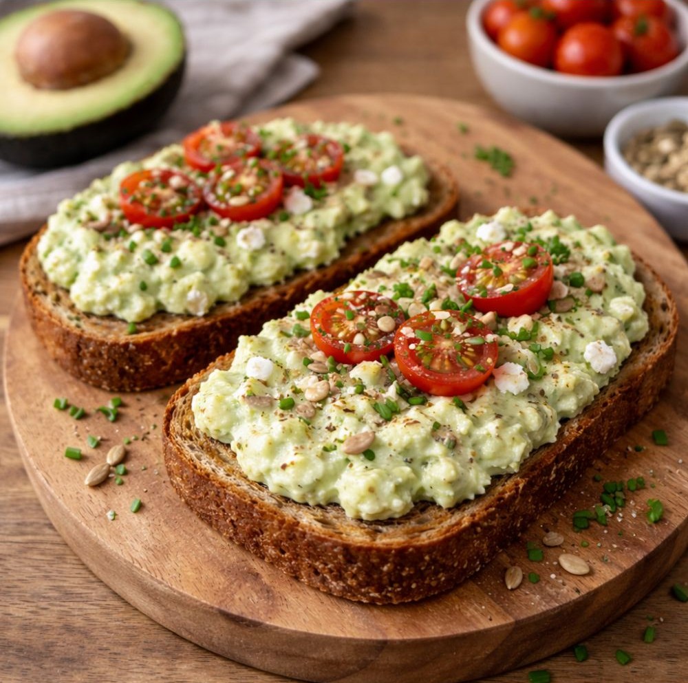 Whole grain toast slices spread with avocado cottage cheese and topped with cherry tomatoes