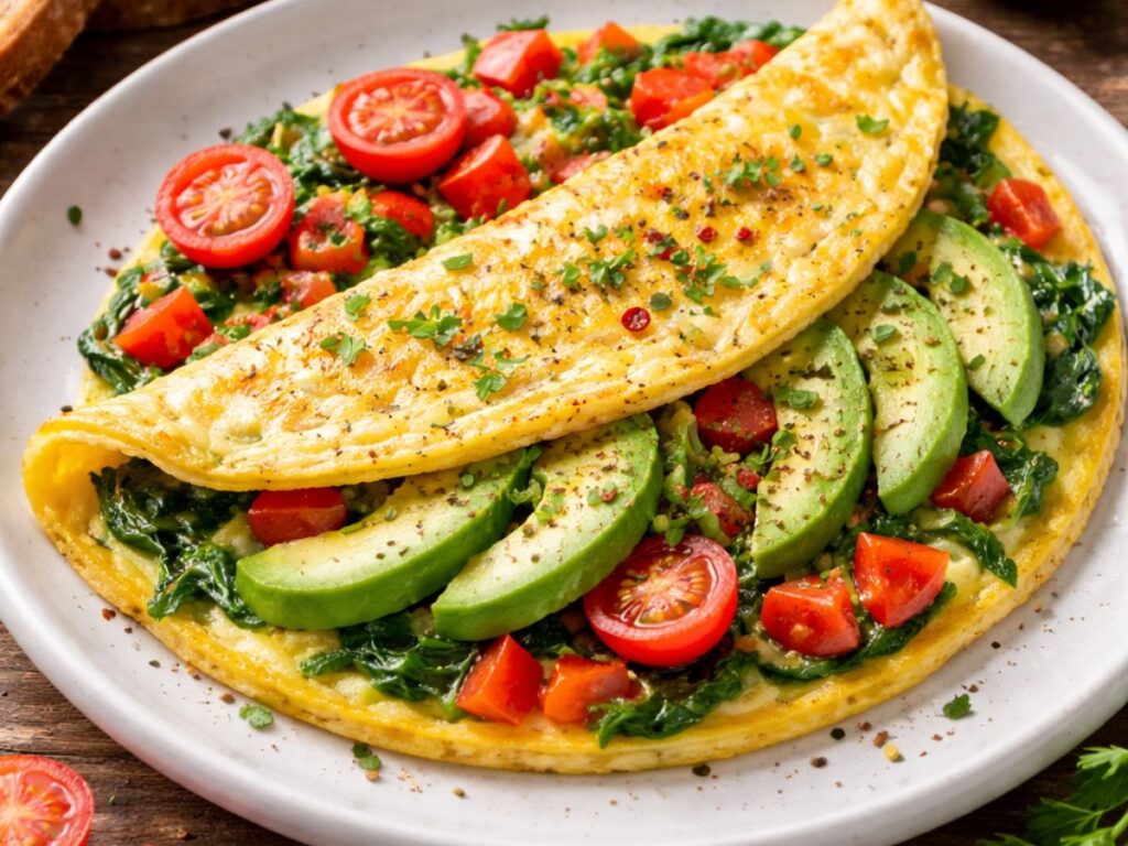 Folded avocado omelet with spinach, tomato, and bell pepper on a white plate