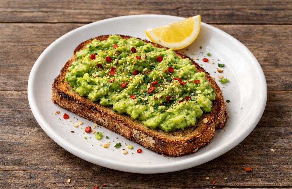 Mashed avocado toast garnished with chili flakes, sesame seeds, and a lemon wedge