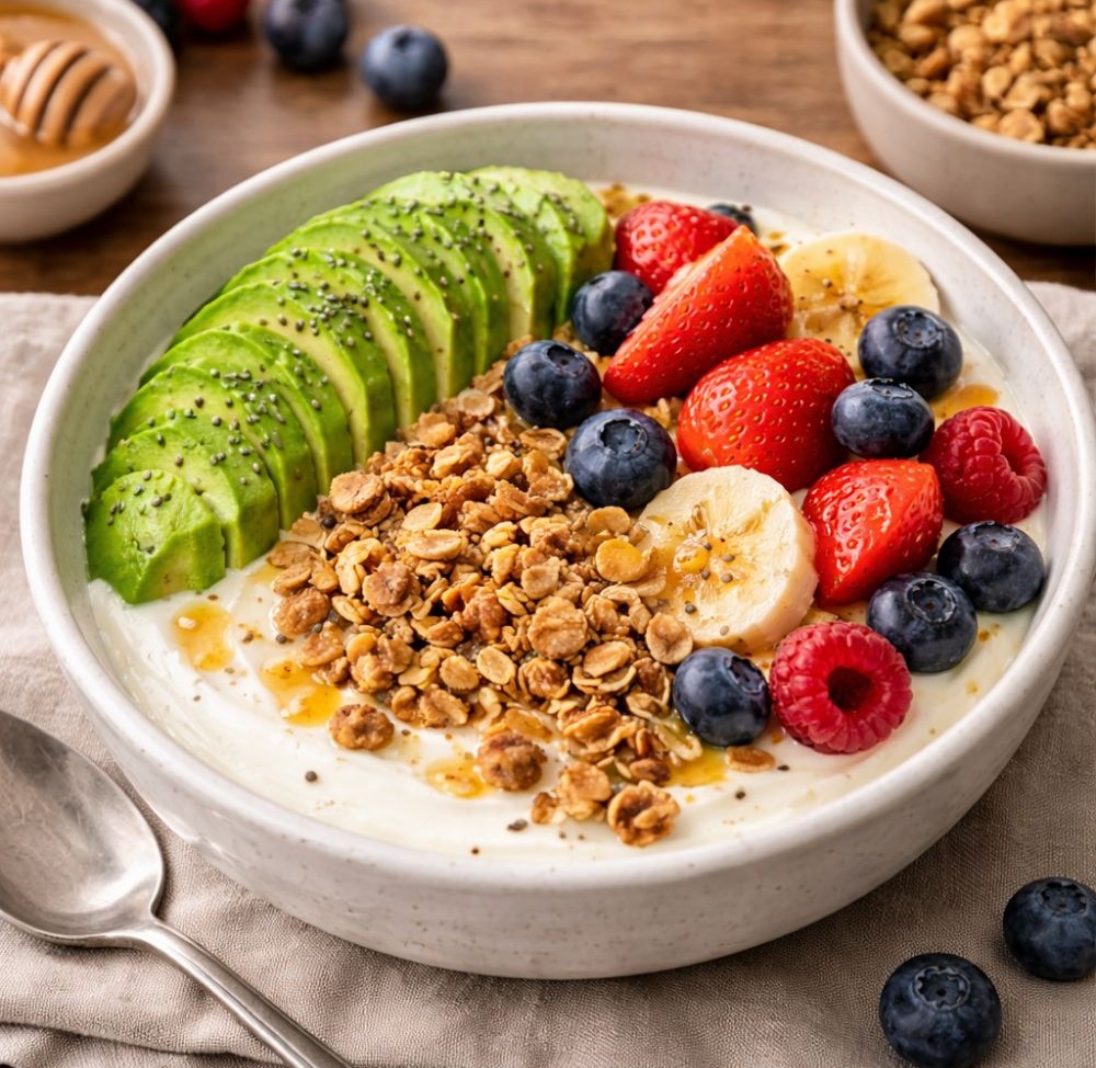 Yogurt bowl topped with sliced avocado, granola, strawberries, blueberries, and banana