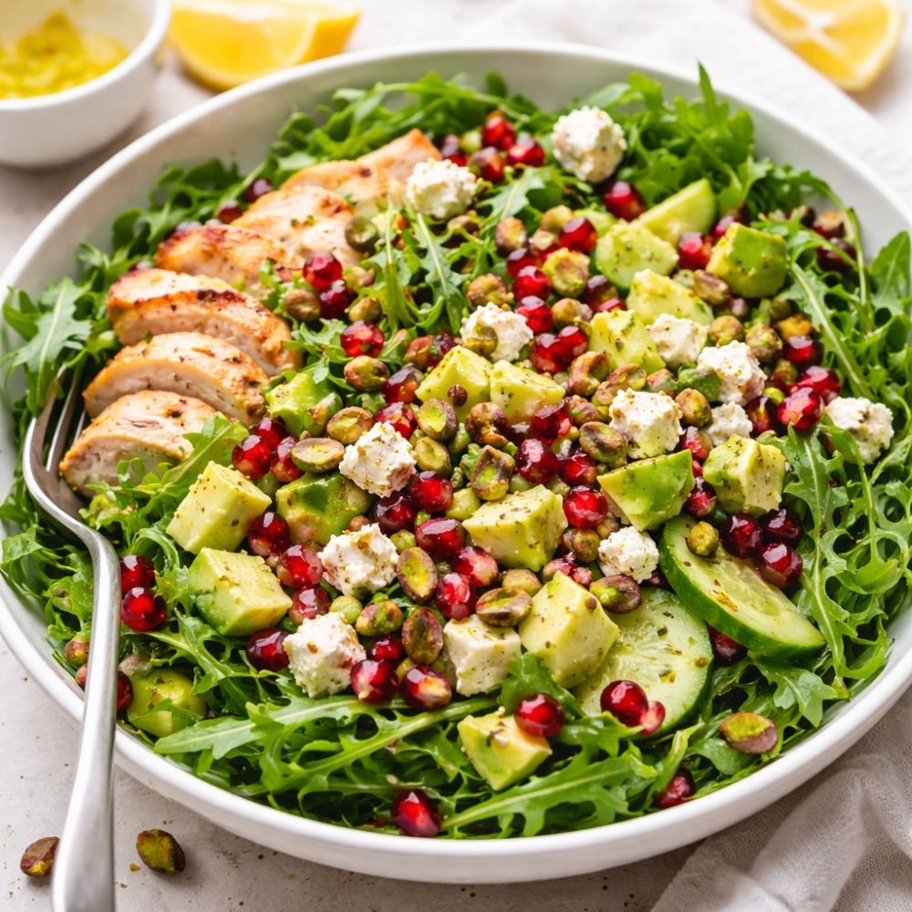 Grilled chicken arugula salad with pistachios, pomegranate seeds, avocado, and feta cheese