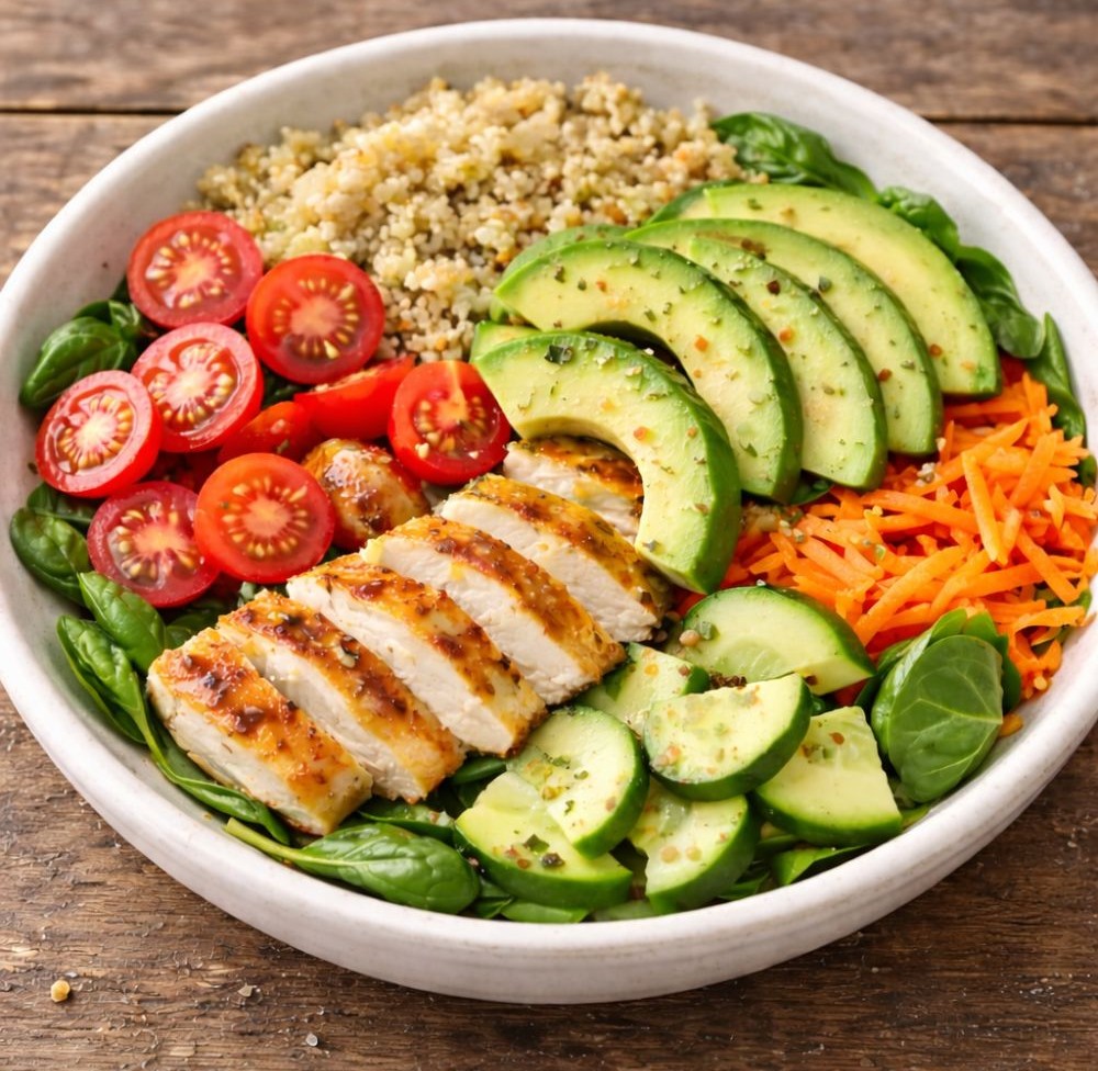 Avocado chicken Buddha bowl with quinoa, cherry tomatoes, carrots, cucumber, and spinach