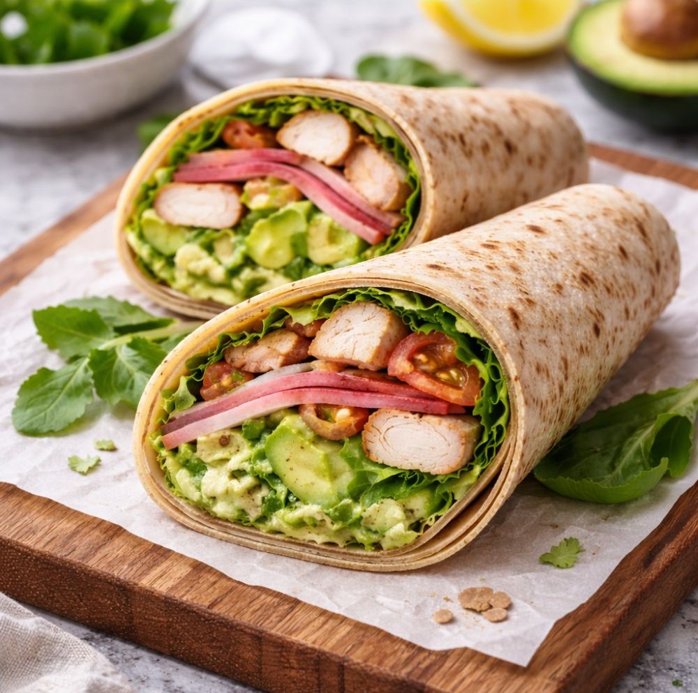Whole grain tortilla wraps filled with chicken, ham, avocado, and lettuce, sliced in half