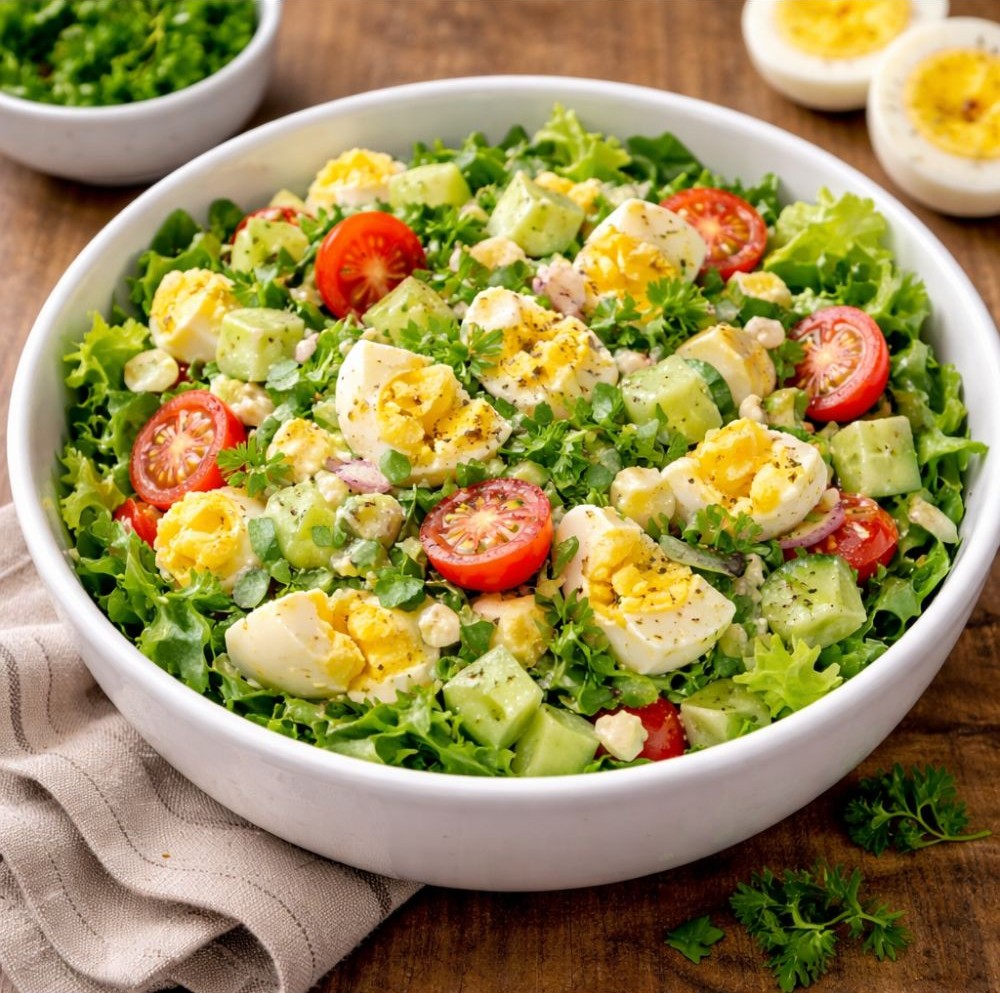 Fresh egg salad with chopped hard-boiled eggs, cucumber, cherry tomatoes, and leafy greens in a white bowl