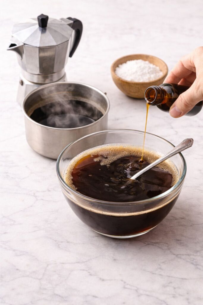 Freshly brewed espresso in a glass bowl with a spoon, ready for soaking ladyfingers
