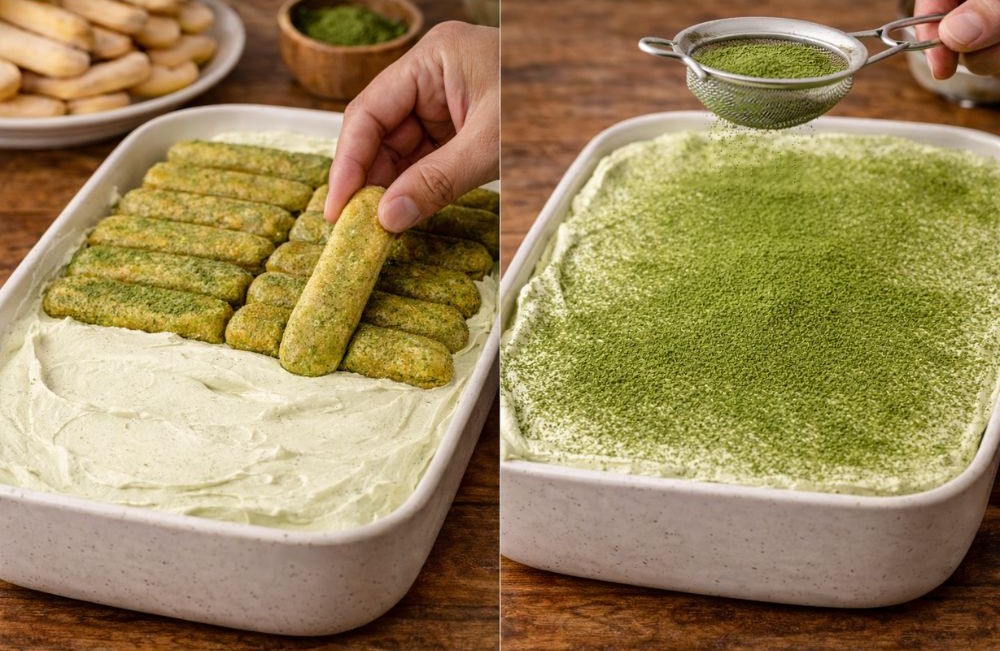 Side-by-side photos of a second ladyfinger layer being added to the tiramisu and matcha powder being sifted over the finished dessert before serving