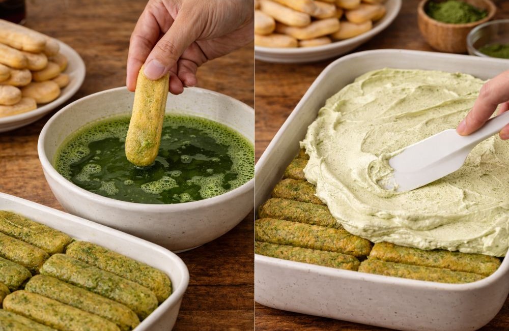 Side-by-side photos of a ladyfinger being dipped in matcha tea and mascarpone cream being spread over a layer of soaked ladyfingers