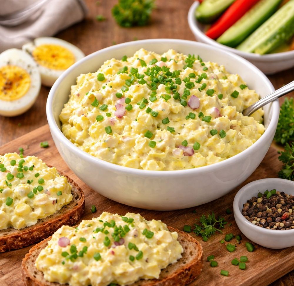 Creamy egg spread with chopped red onion and chives in a bowl, served with boiled egg halves and fresh vegetables