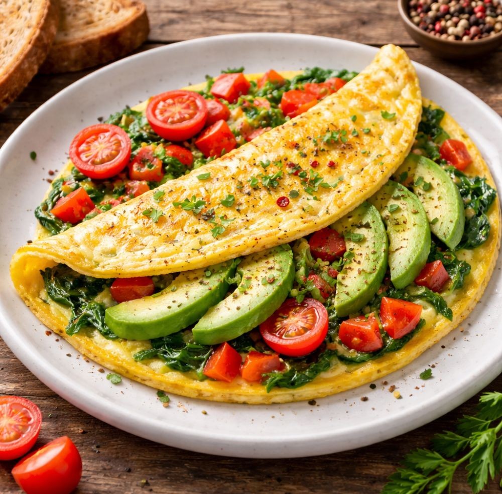 Folded omelet filled with sliced avocado, cherry tomatoes, and fresh spinach on a plate
