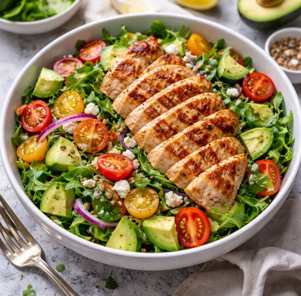 Grilled chicken salad with avocado, cherry tomatoes, red onion, and feta cheese in a white bowl