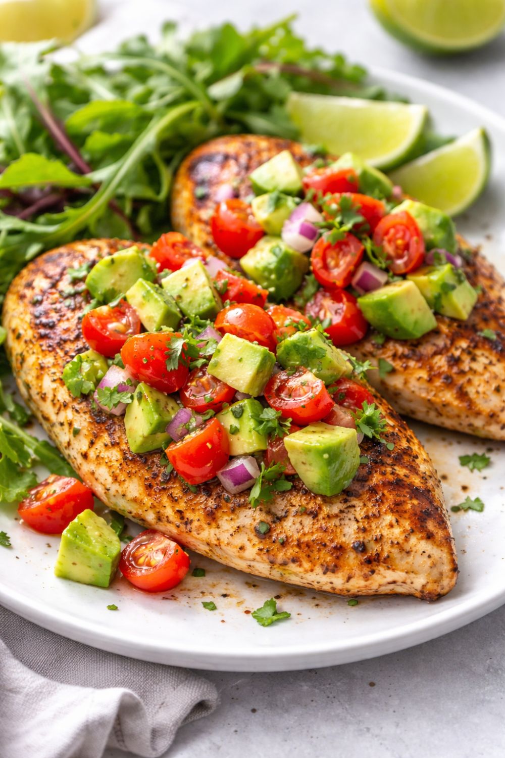 Grilled chicken breasts topped with diced avocado and tomato salsa, served with greens and lime wedges