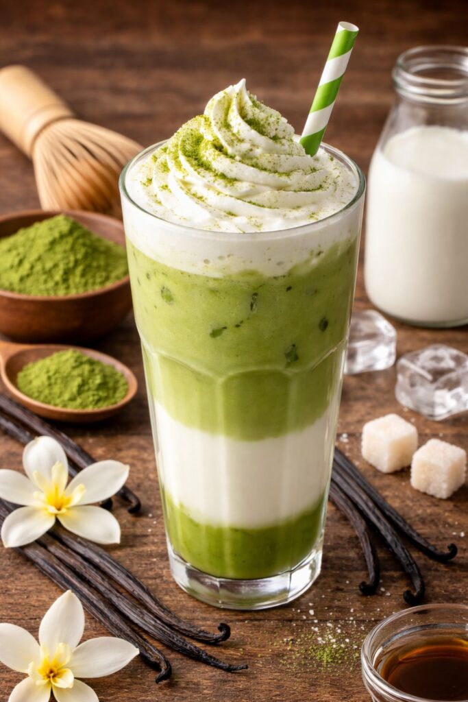 Vanilla matcha latte in a glass with vanilla beans, flowers, and honey on a wooden table