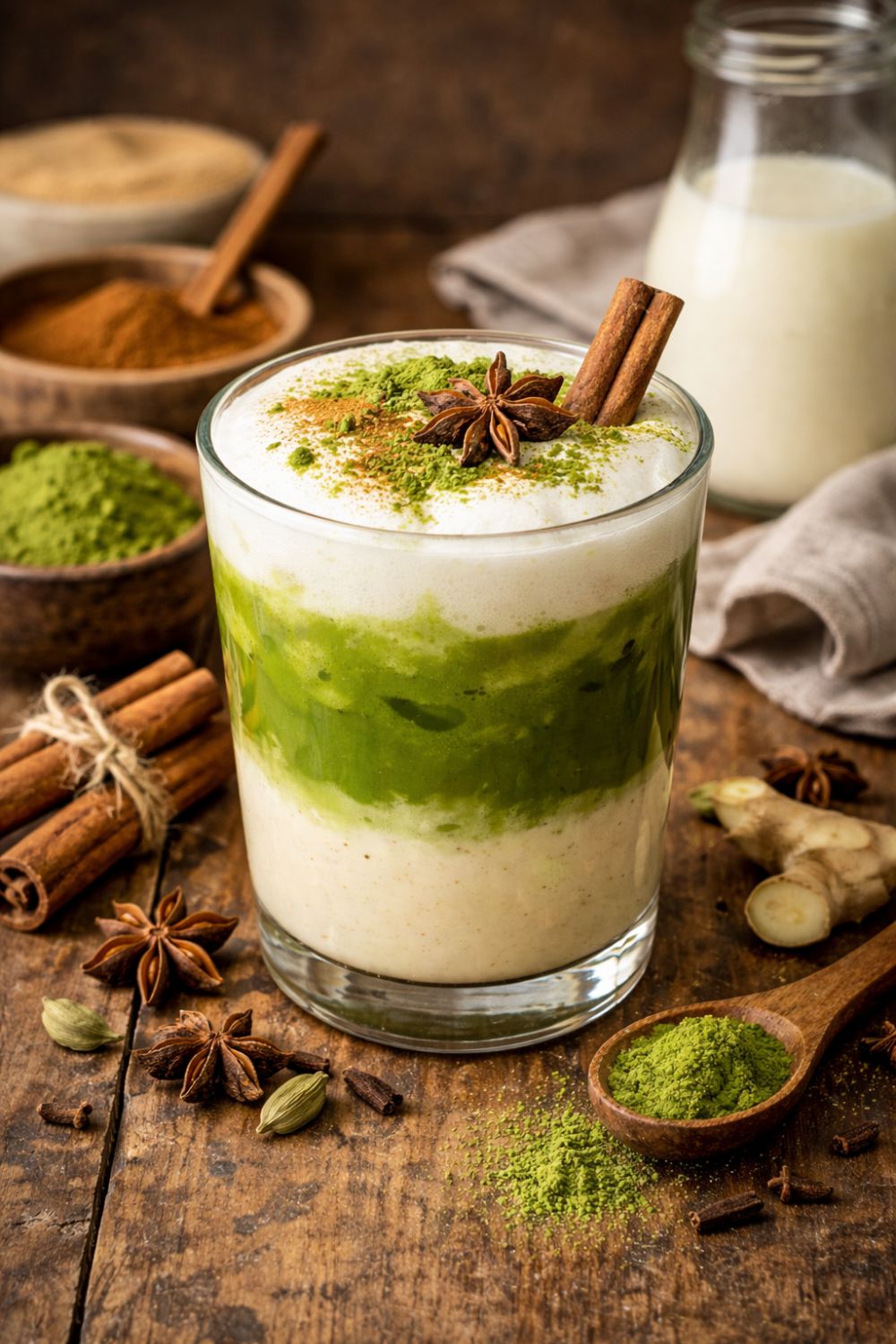 A layered matcha chai latte garnished with a cinnamon stick and star anise, milk bottle in the background