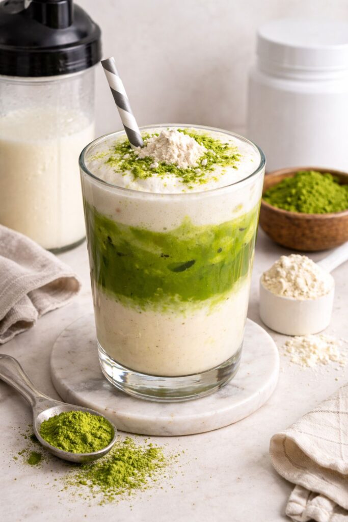 Protein matcha latte in a glass with a straw, topped with protein powder and matcha