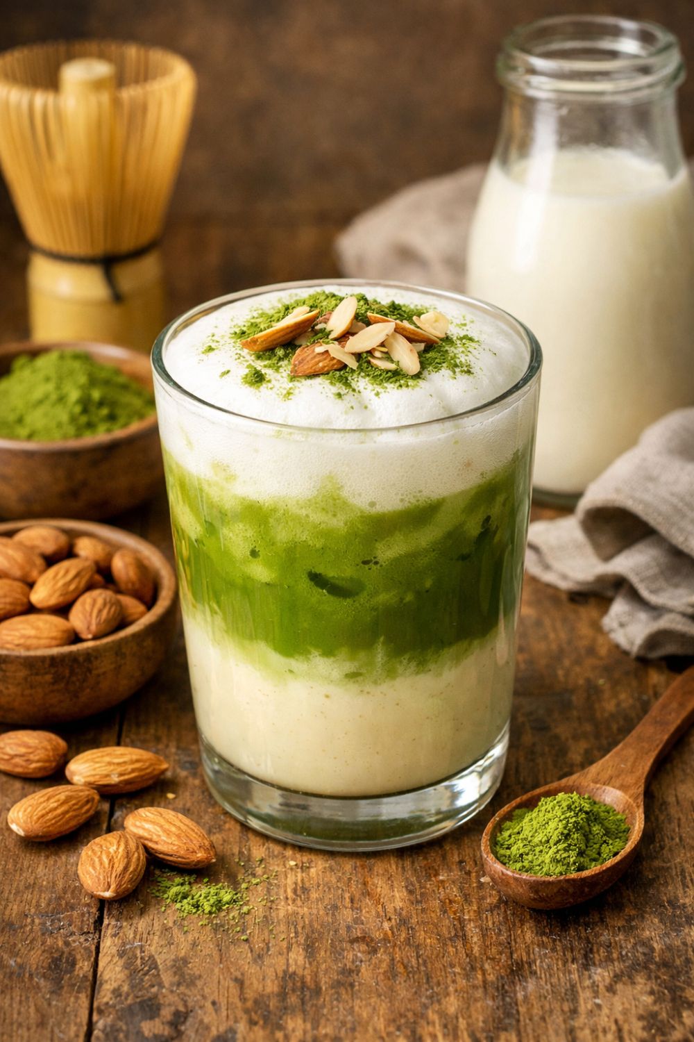 A matcha almond milk latte in a glass topped with sliced almonds and matcha powder, with a bamboo whisk and milk bottle nearby