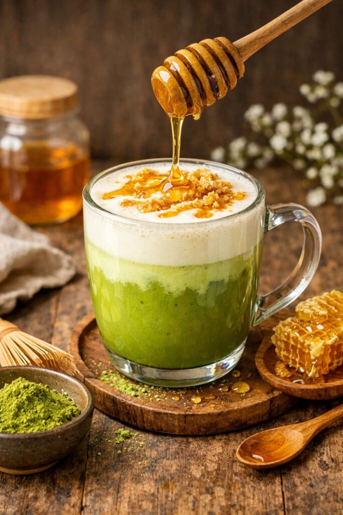 Honey matcha latte in a glass mug drizzled with honey next to a honeycomb and flowers