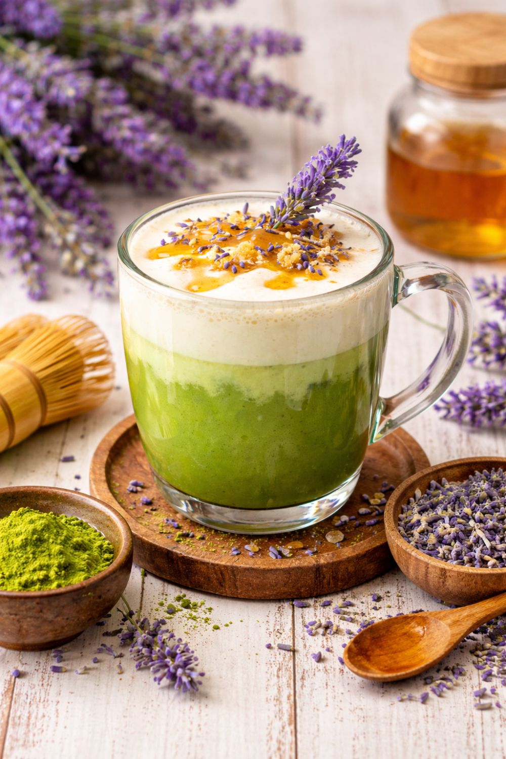 A matcha lavender latte garnished with fresh lavender sprigs and a honey drizzle, with a jar of honey nearby
