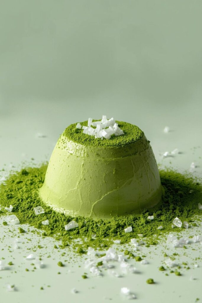 Matcha panna cotta dusted with matcha powder and topped with white chocolate shavings