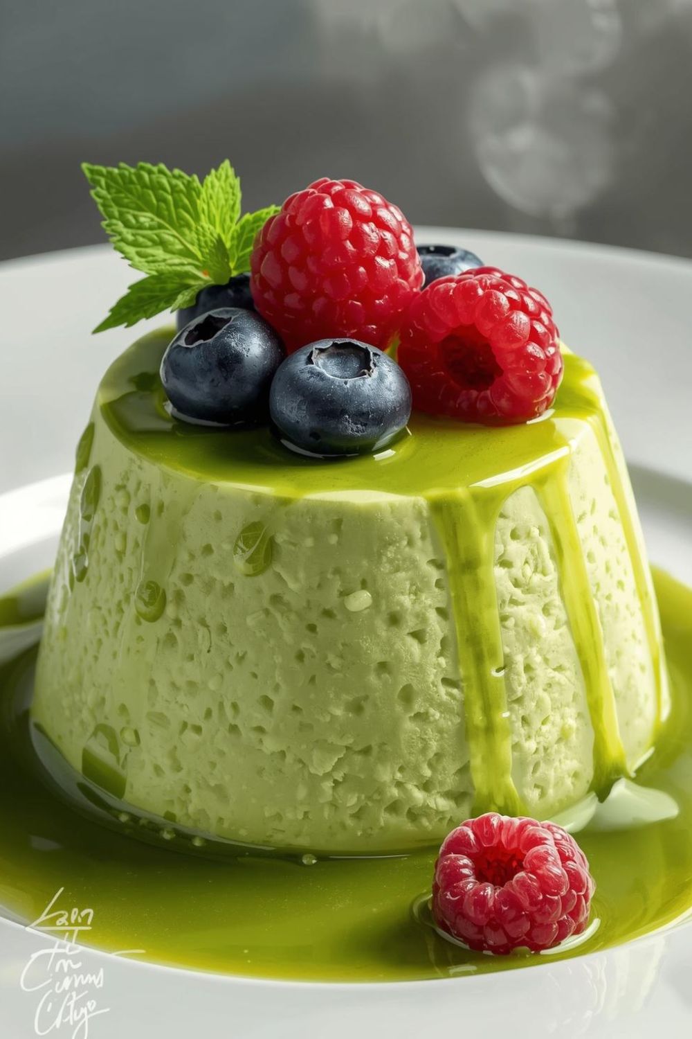 Close-up of matcha panna cotta topped with raspberries, blueberries, and mint on a plate