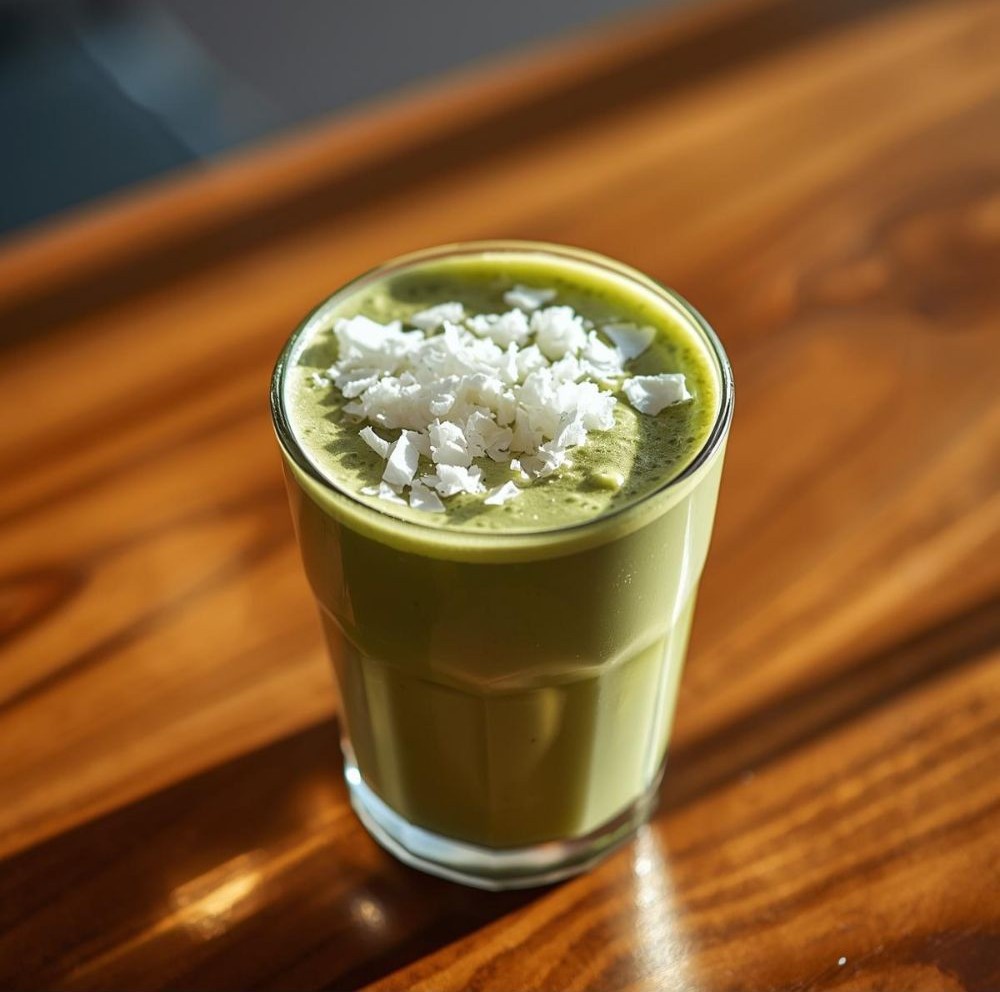 Coconut matcha latte in a glass topped with coconut flakes on a wooden table