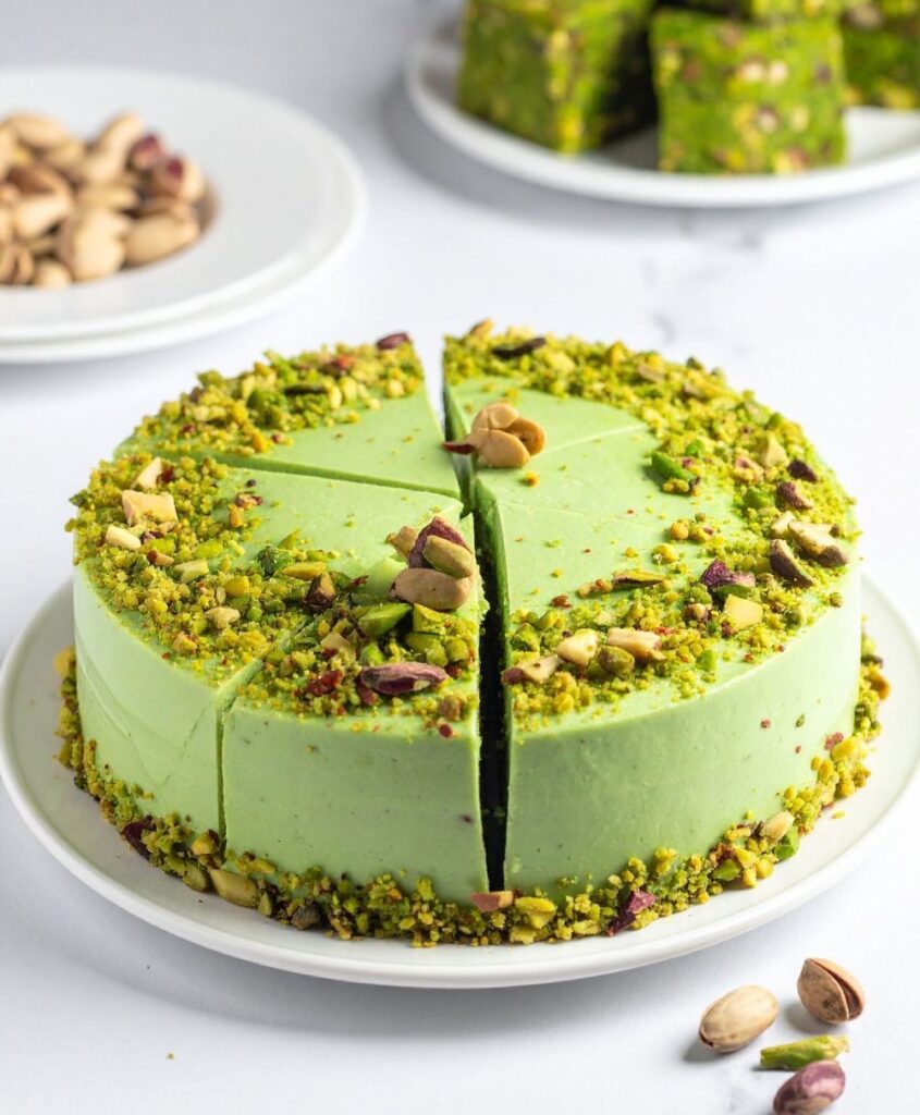 Round pistachio cake coated in crushed pistachios, sliced on a white plate