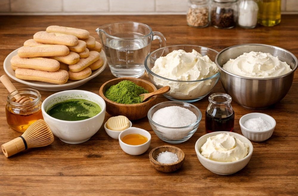Matcha tiramisu ingredients arranged on a wooden table, including ladyfingers, matcha powder, mascarpone, whipped cream, honey, sugar, vanilla, and a bamboo whisk