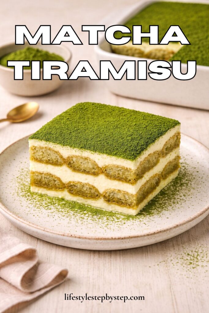 Matcha tiramisu dessert squares dusted with matcha powder, labeled "Matcha Tiramisu"