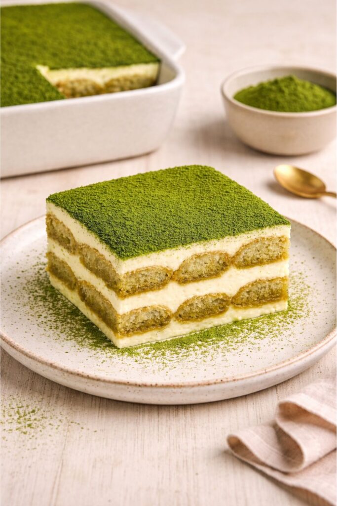 Matcha tiramisu squares in a white baking dish next to a bowl of matcha powder and a gold spoon