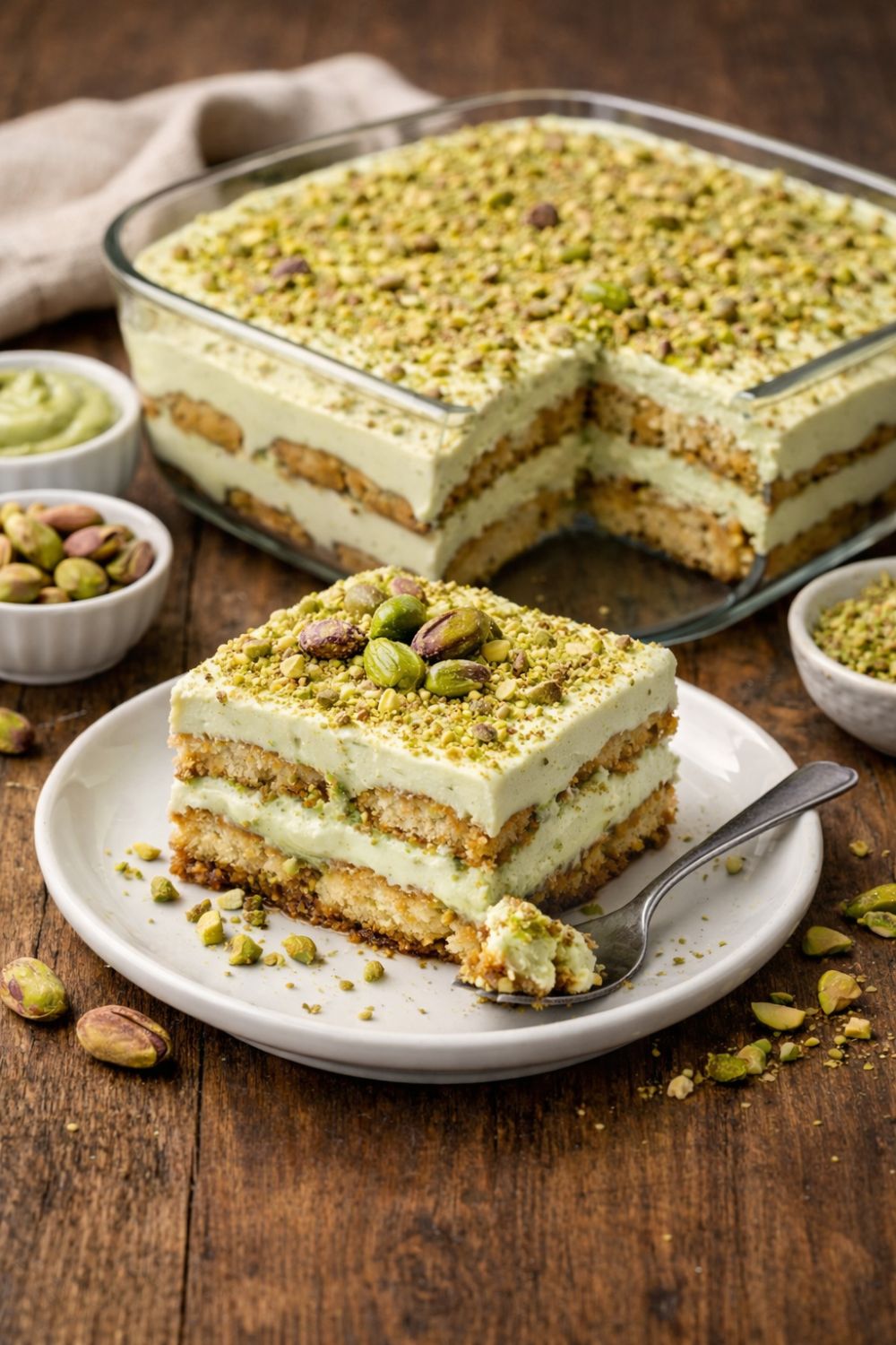 Slice of matcha tiramisu topped with crushed pistachios, served on a plate with a fork, with the full dish in the background