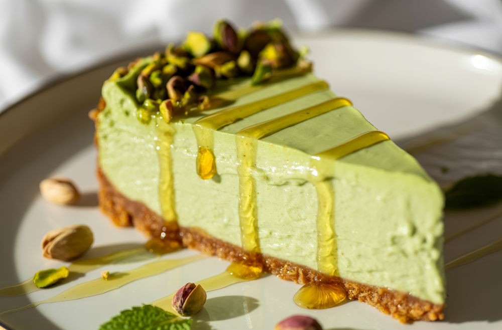 Slice of pistachio cheesecake drizzled with honey and topped with chopped pistachios