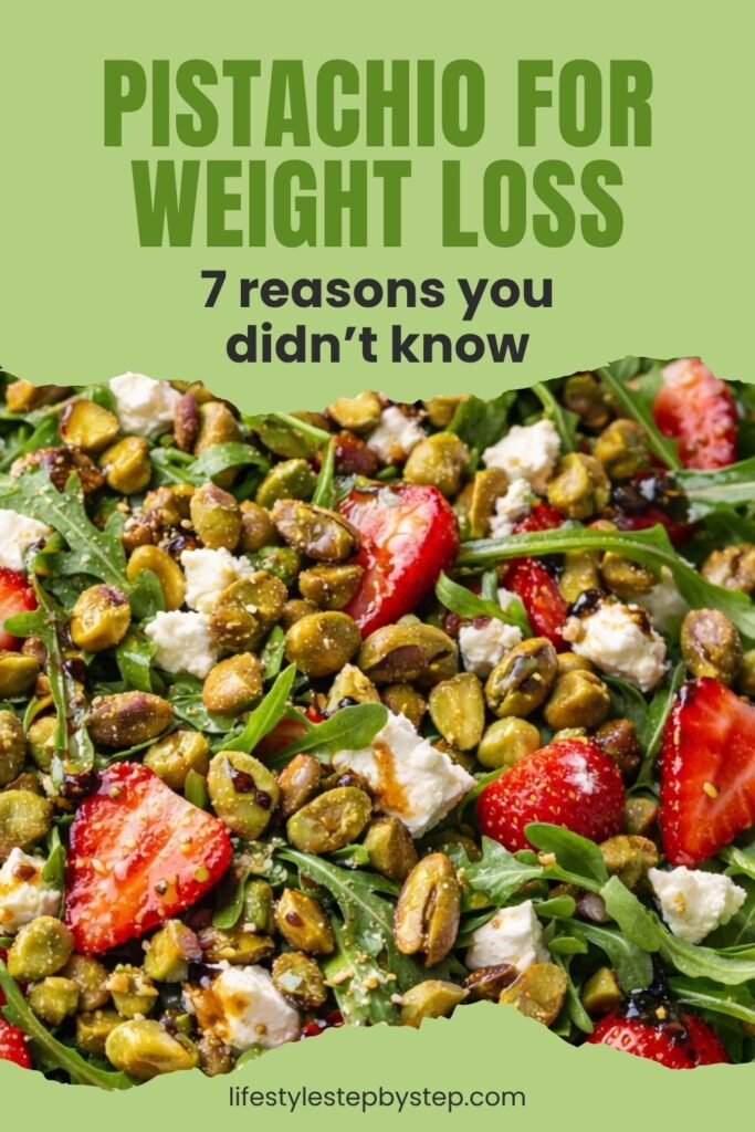Pinterest graphic for pistachio weight loss article with a pistachio, arugula, and strawberry salad