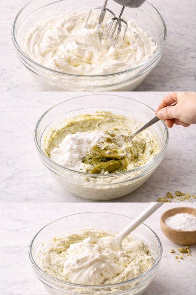 Creamy pistachio mascarpone filling being mixed in a glass bowl