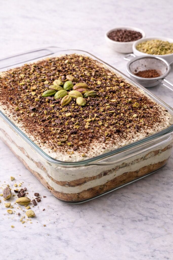 Close-up corner view of finished pistachio tiramisu in a glass baking dish, dusted with cocoa powder and garnished with pistachios