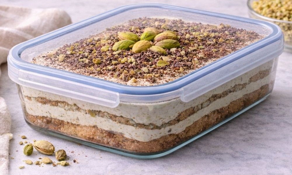 Pistachio tiramisu stored in an airtight container, ready for chilling or freezing