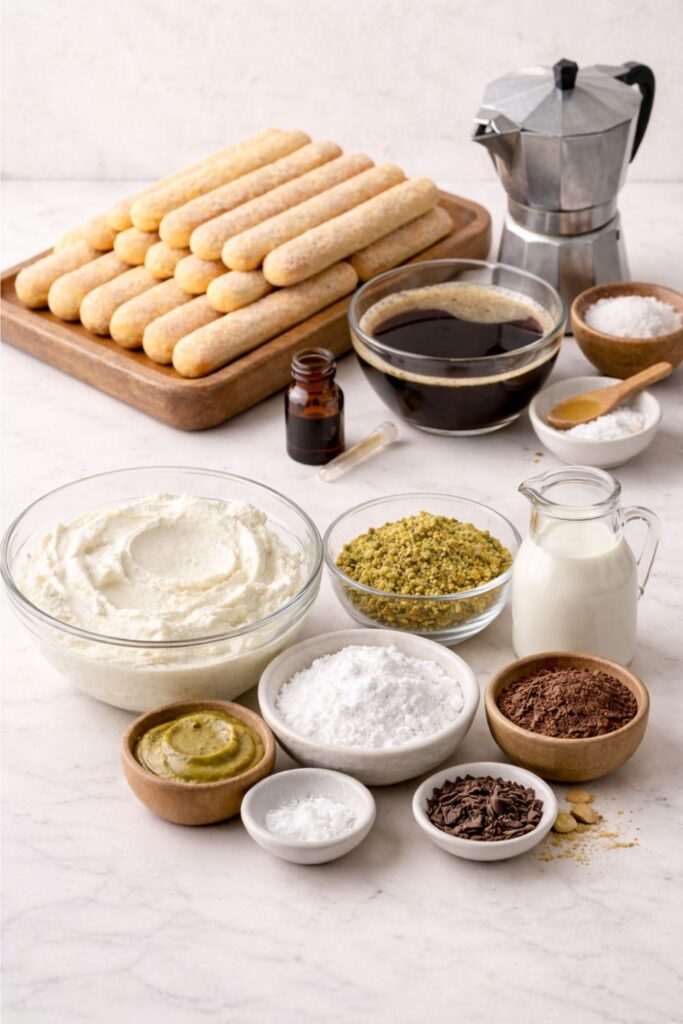 Ingredients for pistachio tiramisu, including mascarpone, crushed pistachios, milk, cocoa powder, and sugar in bowls