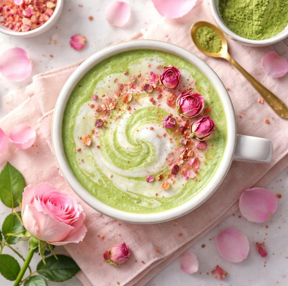 Top-down view of a rose matcha latte with swirled latte art, garnished with dried rose petals and pink roses