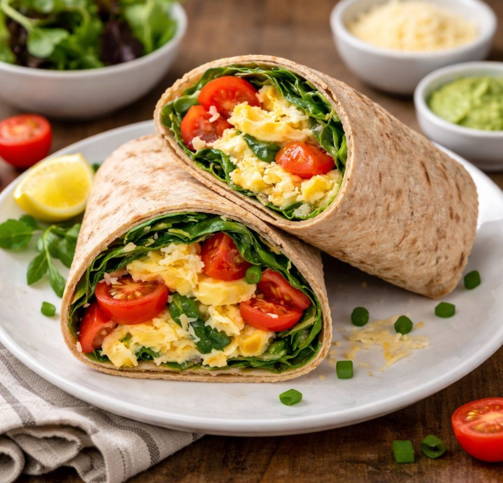 Whole-grain tortilla egg wrap sliced in half, filled with scrambled eggs, spinach, and cherry tomatoes