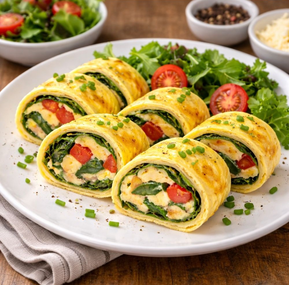 Sliced rolled omelet with spinach and tomato filling, garnished with chopped chives and served on a bed of greens