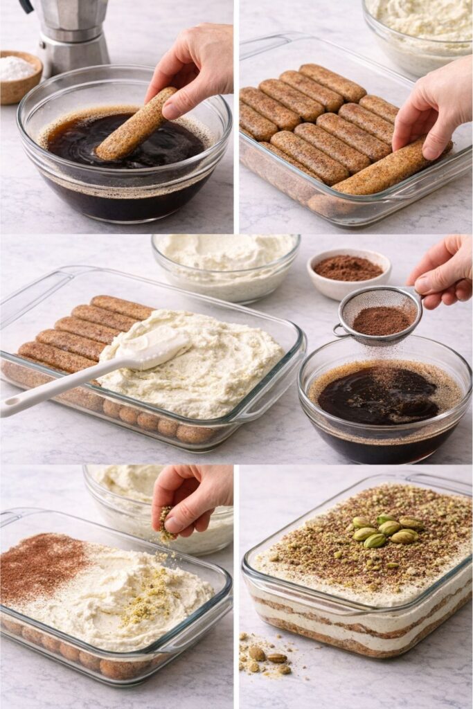 Step-by-step collage of layering pistachio tiramisu with ladyfingers, cream, cocoa powder, and crushed pistachios in a baking dish